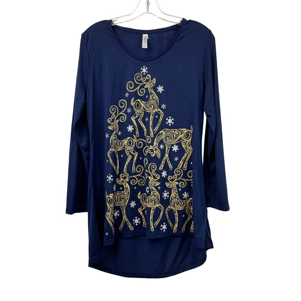 M&C Women’s Long Sleeve Scoop Neck Reindeer Top Navy/Metallic Size Large